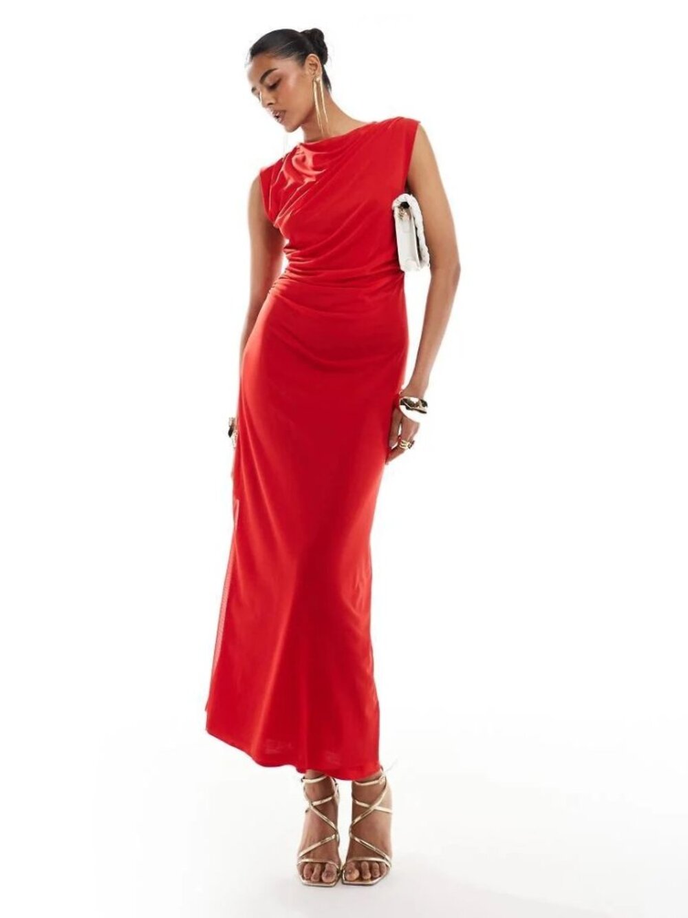 New Cherry Red Ruched Maxi Dress